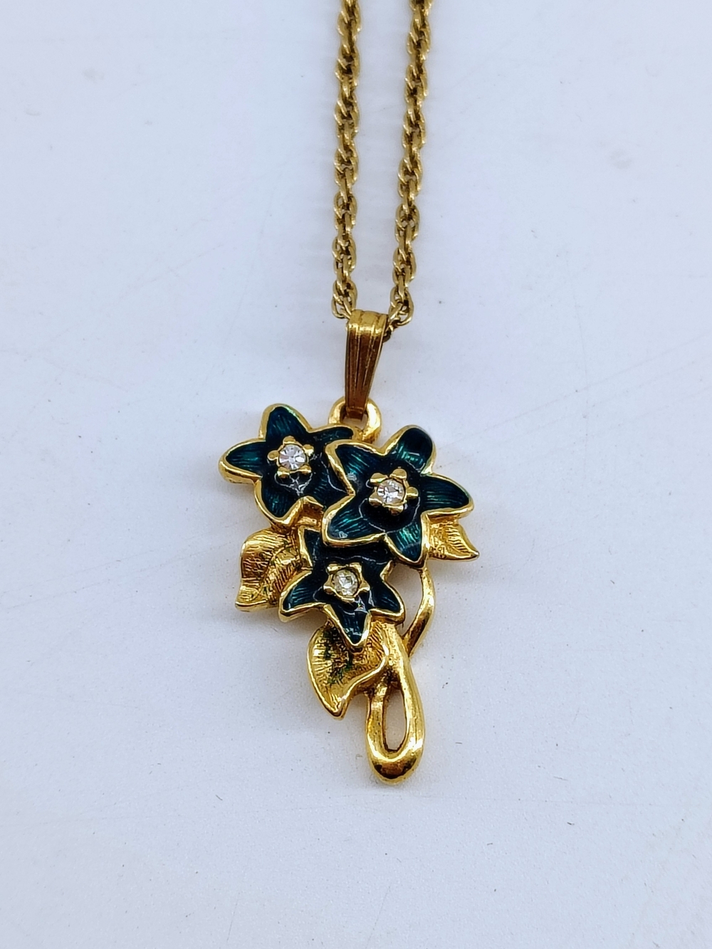 Gold-Tone Green Floral Pendant Necklace with Crystal Centers